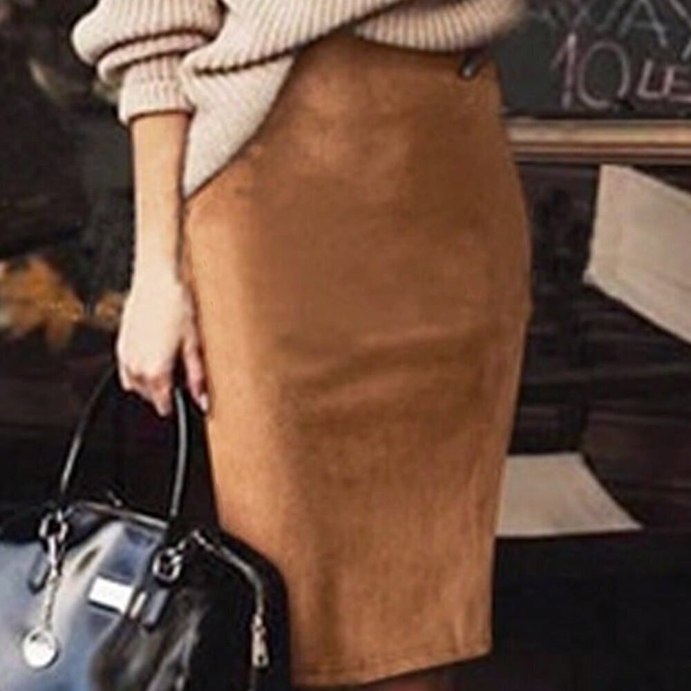 Khaki Casual Women's Faux Deerskin Velvet With Zipper Back Slit Skirt